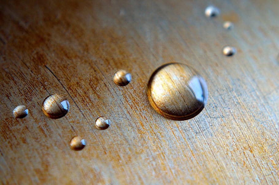 droplet, water, wooden, surface, drops, drop, droplets, bubble, wet, transparent