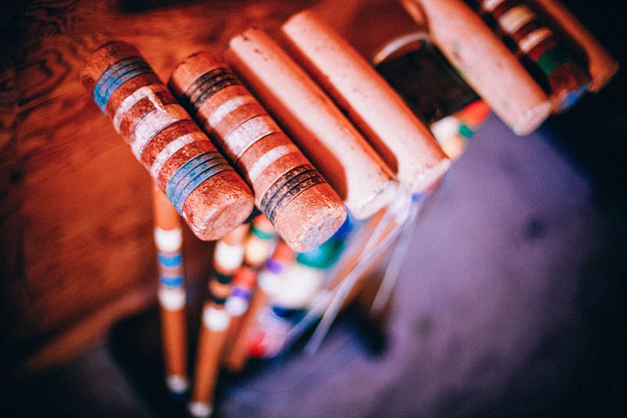 croquet, mallets, game, wood, equipment, close-up, selective focus, indoors, focus on foreground, paint