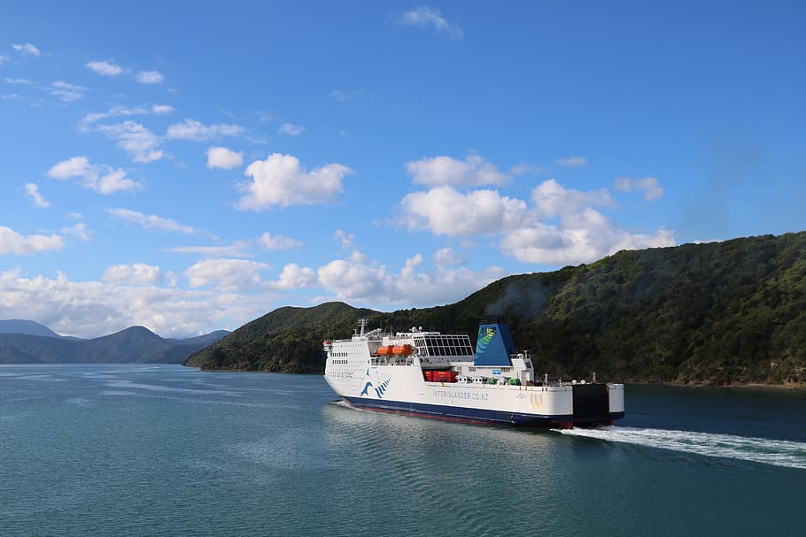 ferry, sonidos de marlborough, nueva zelanda, barco, mar, océano, escénico, costa, nubes, bahía
