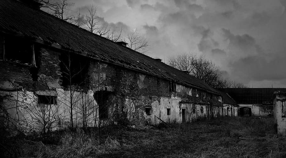 grayscale photography, building, czech republic, czech budejovice, farmhouse, clouds, bohemia, architecture, old building, heaven