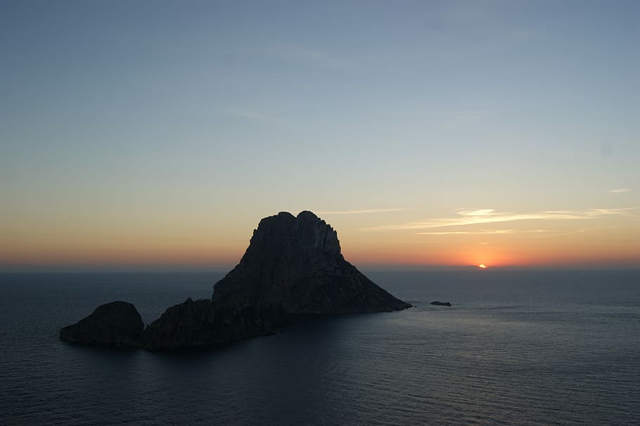 marrom, ilha, dourado, hora, Vedra, Ibiza, Espanha, Horizonte, Mar, pôr do sol