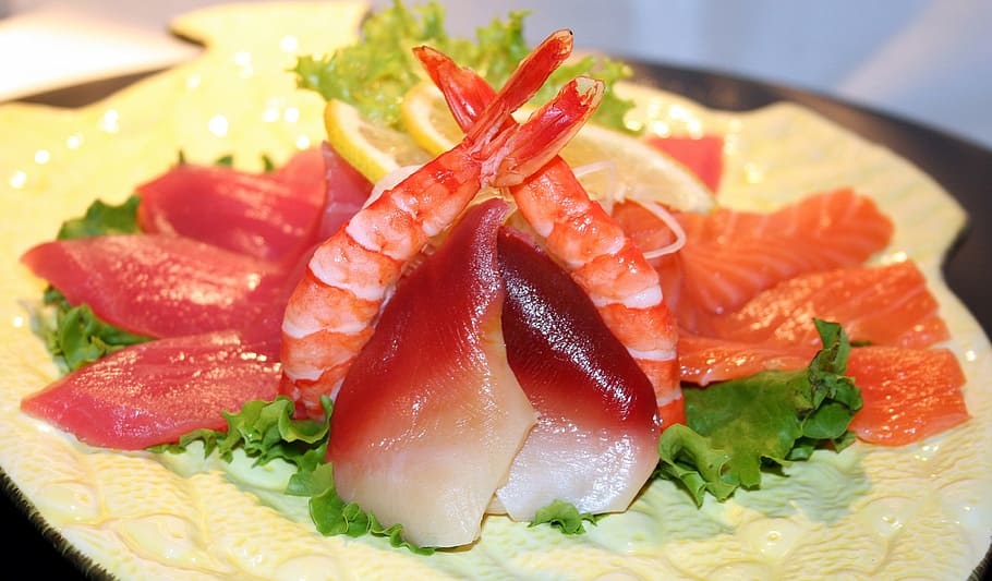 seafood, vegetable, lemon, sushi, fish, raw, shrimp, meal, asian, japanese