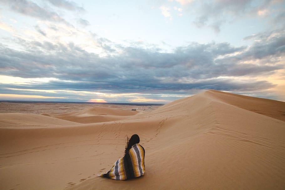 people, woman, alone, travel, adventure, sand, desert, clouds, sky, footsteps