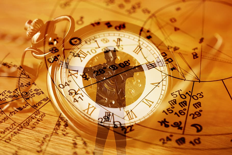 astrologia, relógio, silhueta, homem, abraço, relógio de bolso, movimento, profecia, gráfico, horóscopo