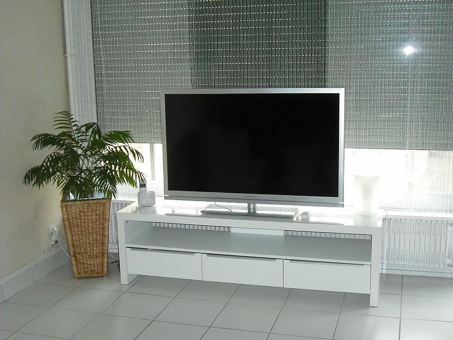 turned-off, flat, screen television, top, tv, stand, Television, Living Room, Apartment, indoors