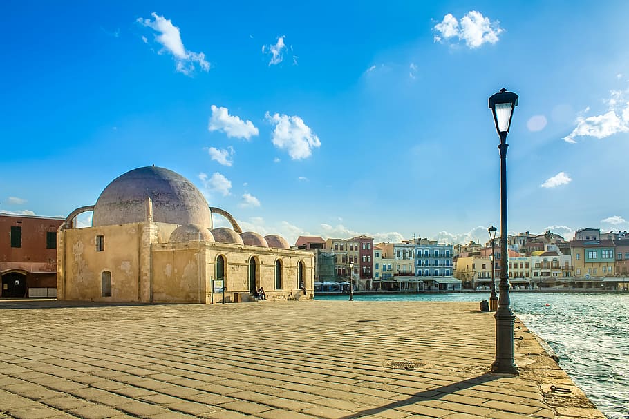 gray, dome building, body, water, daytime, old town, old city marina, architecture, blue, chania