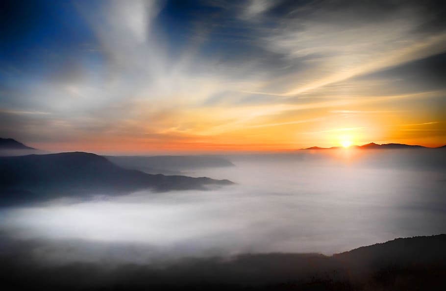 mountain, fog, golden, hour, japan, aso, somma, sea of clouds, cloud, kumamoto