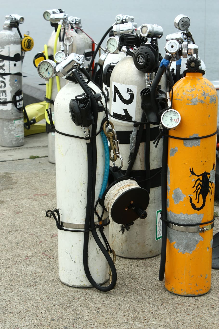 diving, cylinders, water, deep, sea, cylinder, diver, scuba diving, valves, handle