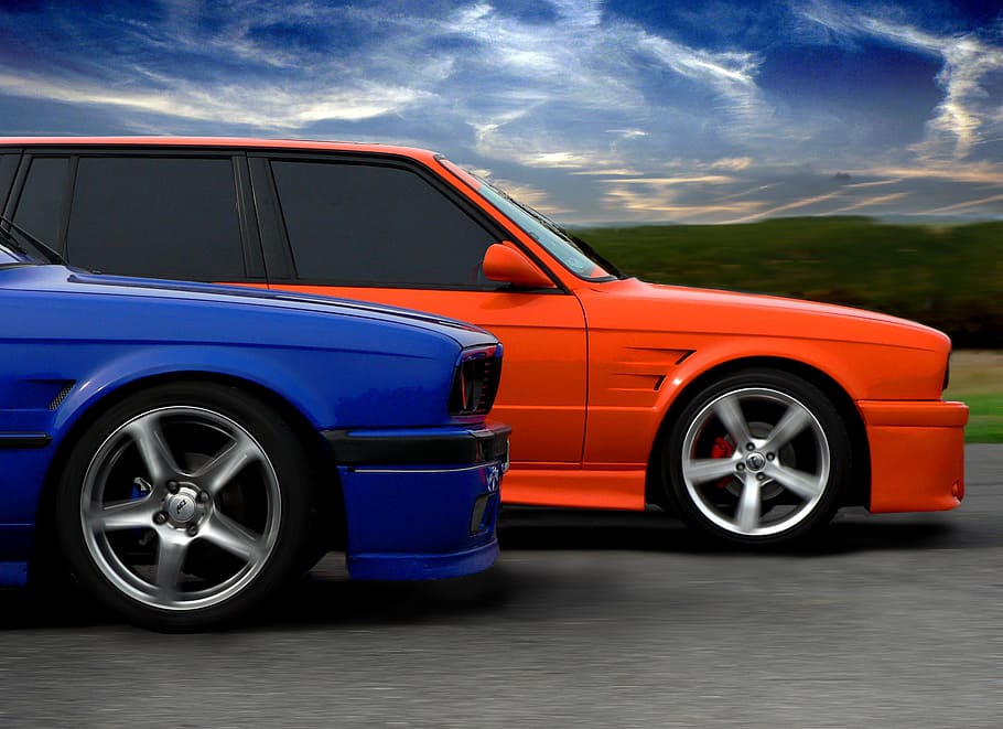 оранжевый, синий, автомобили, улица, bmw, спринт, конкурс, небо, быстрый, яростный