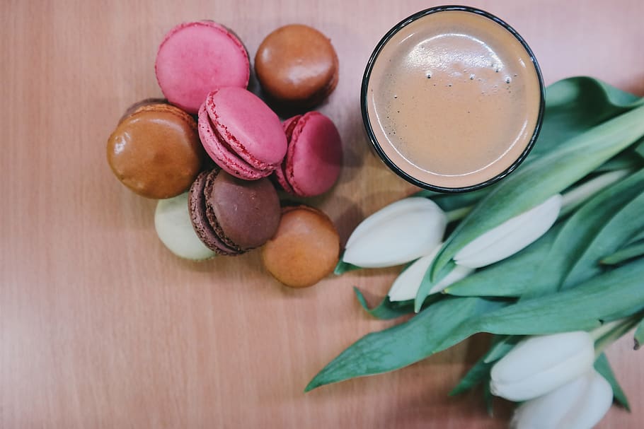 macaroons, coffee, dessert, food, tulips, flowers, food and drink, freshness, table, indoors