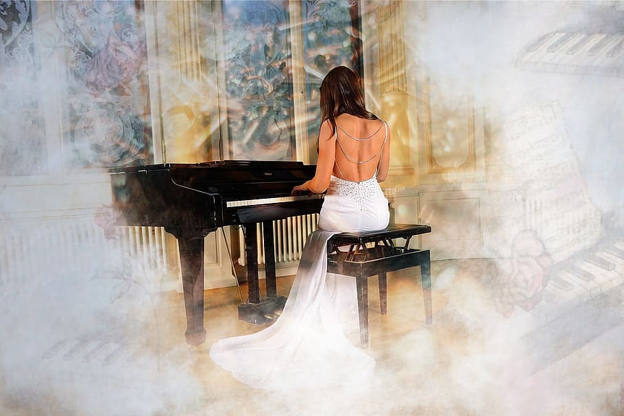 woman, white, backless dress, sitting, black, wooden, chair, playing, upright, piano