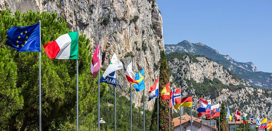 assorted-flags near cliff, Flags, Blow, Wind, Flutter, international, eu, country, europe, flag