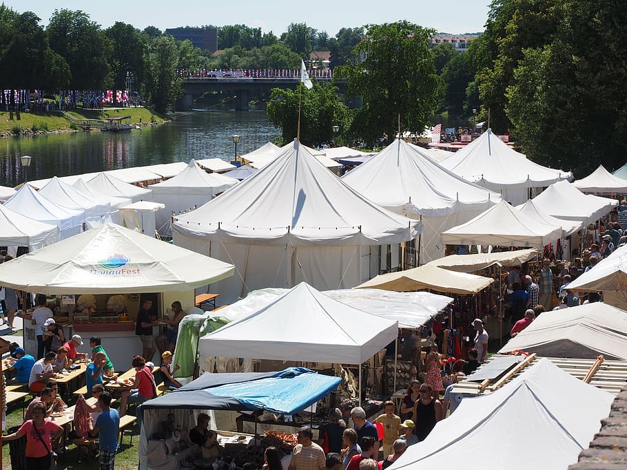 white, canopy tents, field, crowd, people, daytime, festival, marquees, danube fixed, ulm