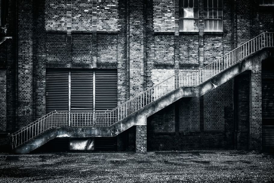 grayscale photography, stairs, lost places, rise, railing, industrial plant, black and white, building, bill, old