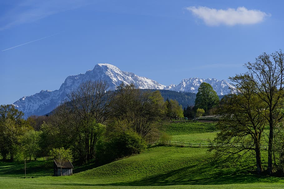 Primavera, Montanhas, Neve, Paisagem, Prado, Berchtesgadener Land, Céu, Azul, Árvore, Cenários