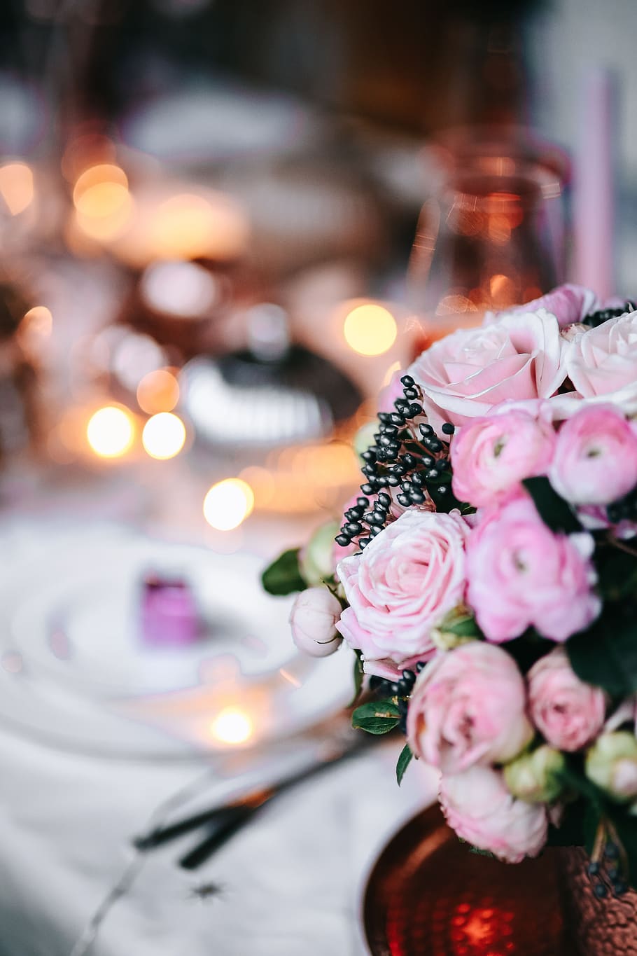 mesa, decorações, jogo de mesa, rosa, feriado, glamour, Natal, flor, planta com flor, planta
