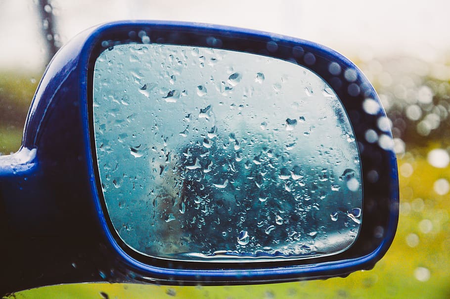 espejo, ventana, lloviendo, mojado, gotas de lluvia, automóvil, automotriz, agua, soltar, primer plano