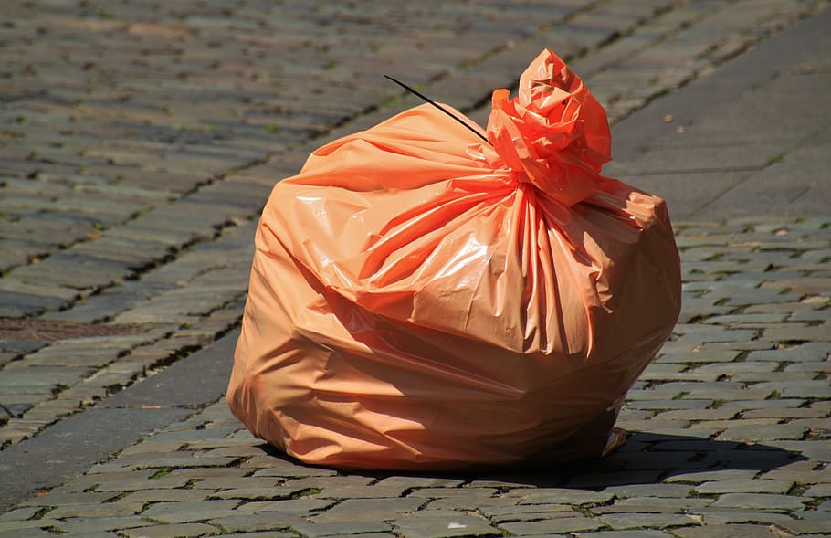 fotografia, laranja, saco de lixo plástico, saco de lixo, desperdício, lixo não reciclável, lixo, ambiente, recipiente, eliminação