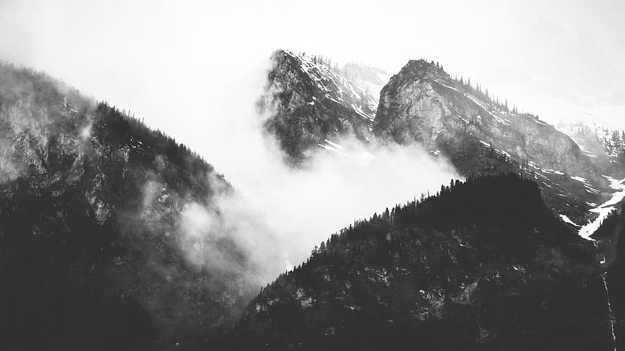 nature, mountains, summit, peaks, fog, clouds, sky, black and white, mountain, beauty in nature