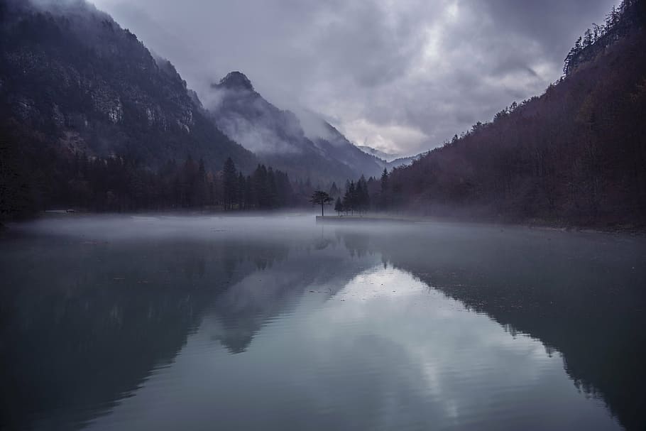 photo mountain, covered, fogs, nature, landscape, lake, river, reflection, dark, clouds
