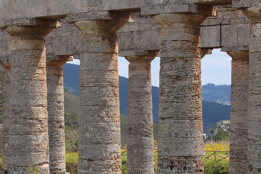 concrete, pillar, moutains, temple, sicily, greek, italy, ruin, architecture, artwork