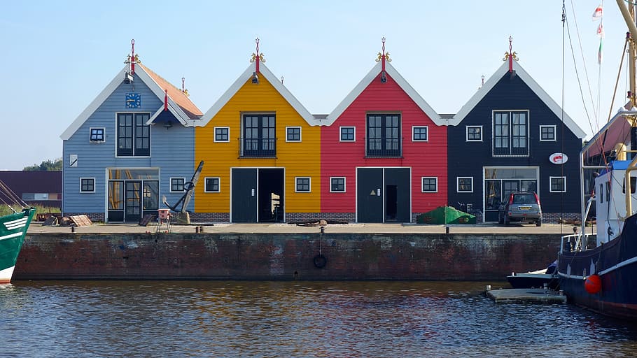 cottages, row, coloured, multicolour, colourful houses, warehouses, buildings, yellow, blue, tourism