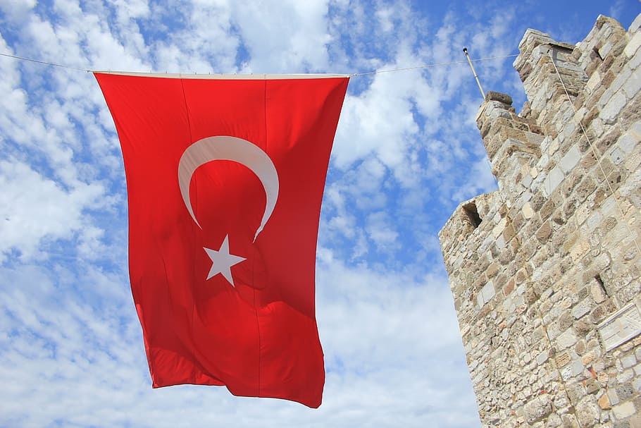 turkey flag, cloudy, sky, turkey, flag, turks, red, day, outdoors, low angle view