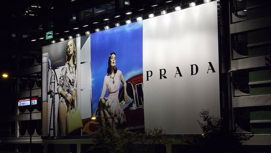prada billboard signg, advertising, prada, billboard, advertisement, outdoor, women, night, illuminated, architecture