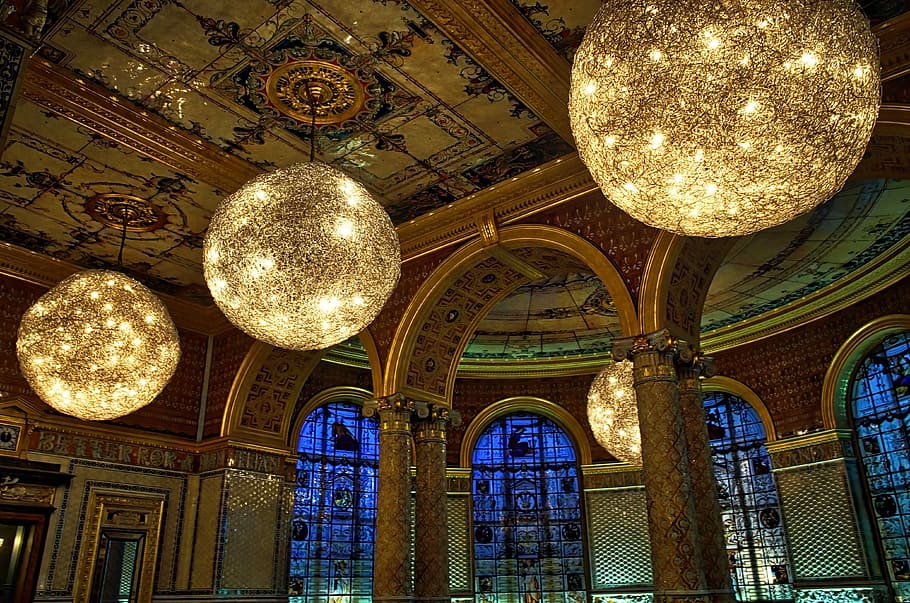 three, ceiling, mount, light balls, mount light, balls, architecture, indoors, religion, architecture And Buildings