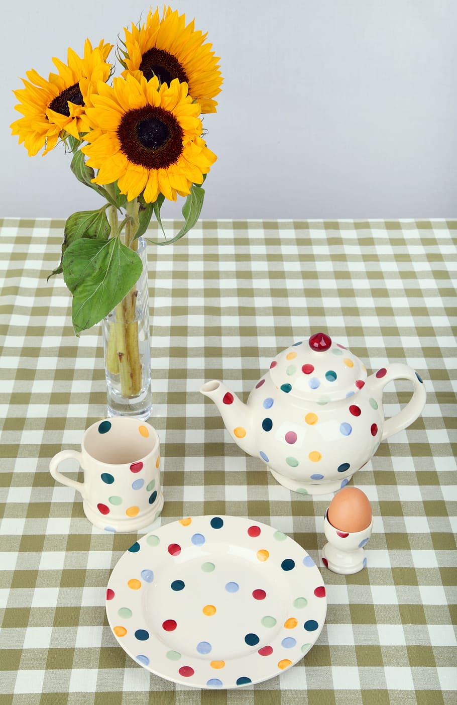 teapot, mug, sunflowers, breakfast, cup, dish, drink, egg, morning, plate