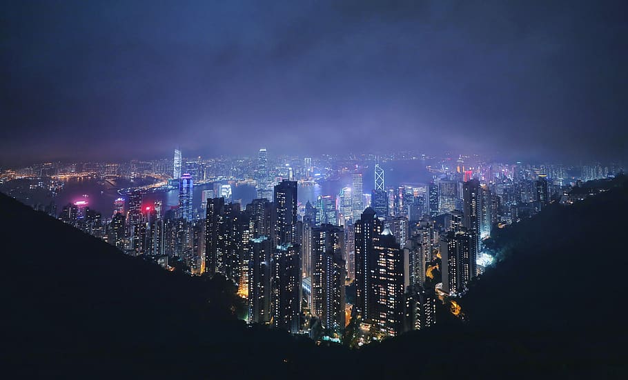 hong kong, hk, f grande, vista nocturna, noche, alta, paisaje, exposición, turismo, colorido