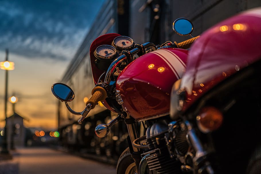 selective, focus photography, red, motorcycle, gray, standard motorcycle, triumph, thruxton, cafe racer, motorbike