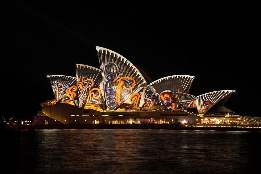 cuerpo, agua, noche, Sydney Australia, Opera House, Sydney, Australia, vívido, espectáculo de luces, lugar famoso
