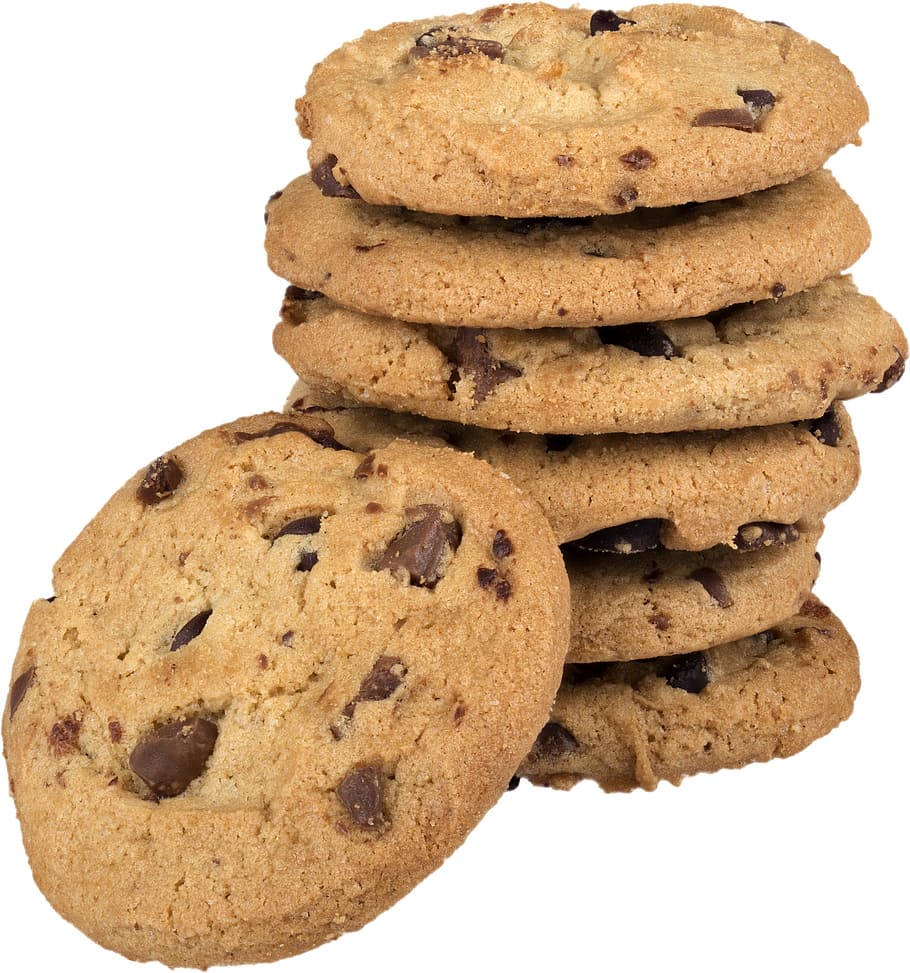 bunch chocolate chip cookies, cookies, chocolate chip cookies, stack of cookies, white background, food, dessert, sweet, snack, baked