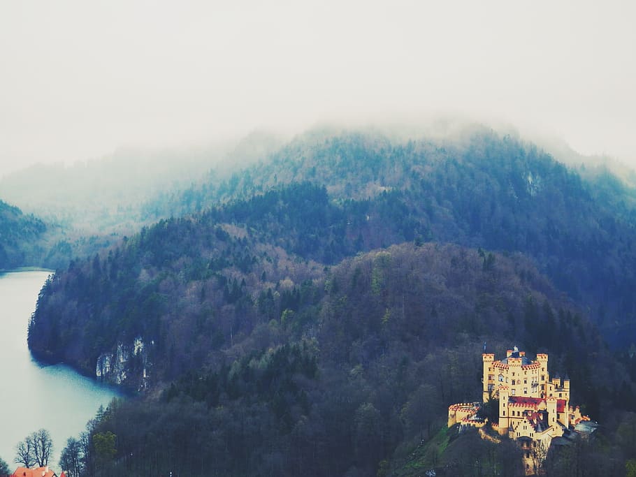 fotografia aérea do castelo, castelo, fotografia aérea, hohenschwangau, baviera, alemanha, europa, arquitetura, famoso, marco