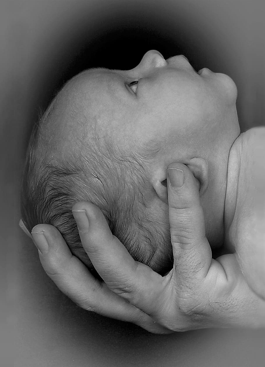 grayscale photo, baby, birth, child, newborn, hand, keep, brains, head, face
