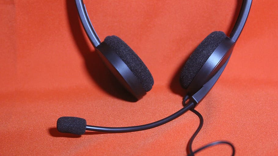 preto, com fio, fone de ouvido, vermelho, superfície, microfone, tecnologia, comunicação, fones de ouvido, equipamento