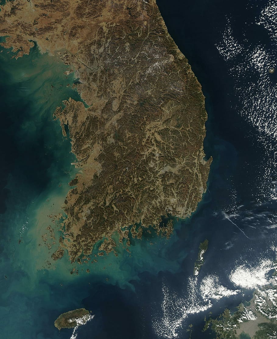 sul, coréia, imagem de satélite, coréia do sul, fotos, geografia, domínio público, topografia, água, mar