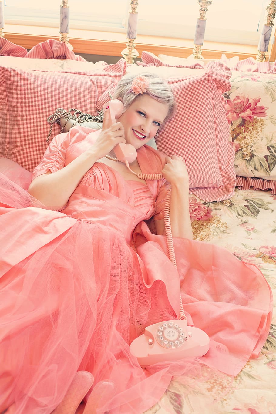 woman, wearing, pink, dress, holding, telephone, vintage, on the phone, pretty young woman, romance