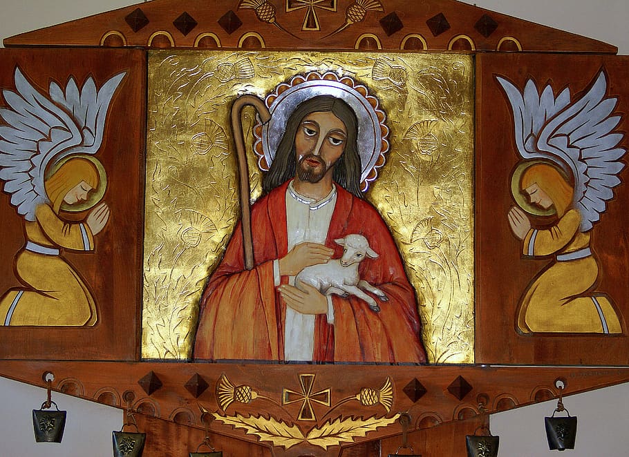 the altar, jesus, the good shepherd, angels, the art of, carpentry, organist, interior of the chapel, sacred, the wooden altar