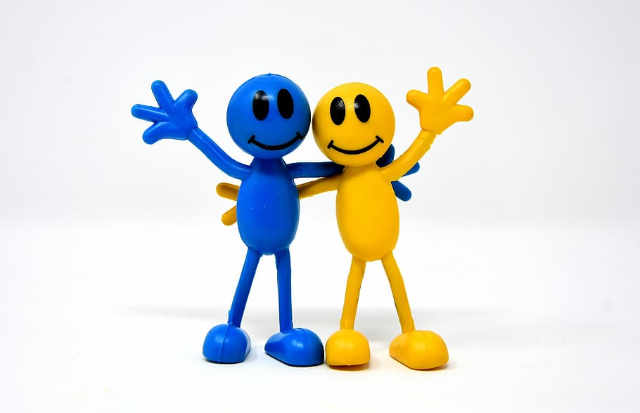 amarelo, azul, sorridente, vara, figuras de homem, amizade, alegria, smilies, feliz, amigos