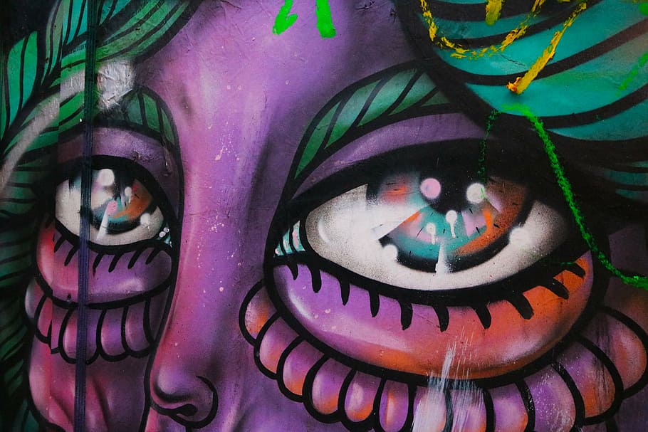 purple, green, woman portrait mural, graffiti, eyes, person, street, urban, art, artwork