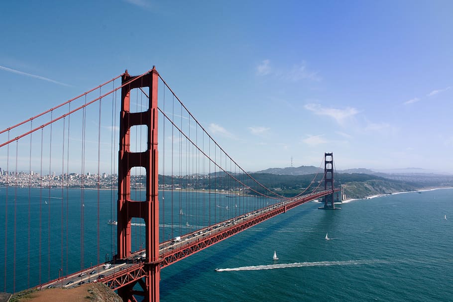 dorado, puente, azul, cielo, rojo, san, francisco, mar, puente Golden Gate, San Francisco