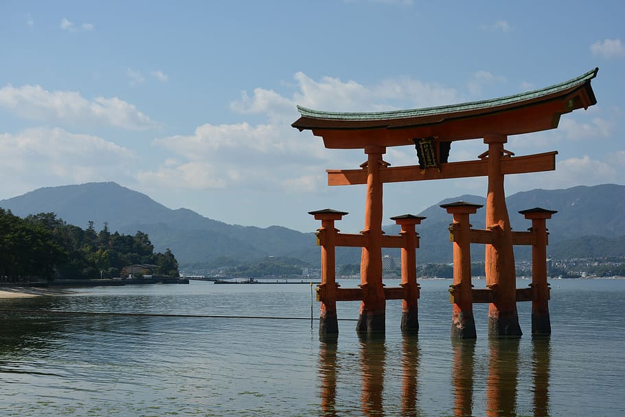 marrom, arco, corpo, água, santuário, mar, japão sankei, santuário de itsukushima xintoísmo, miyajima, ásia