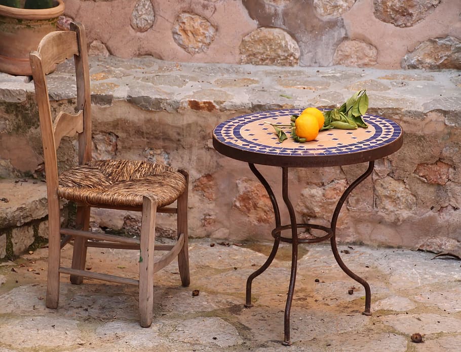 orange, fruits, round, brown, patio table, still, rest, relaxation, table, chair