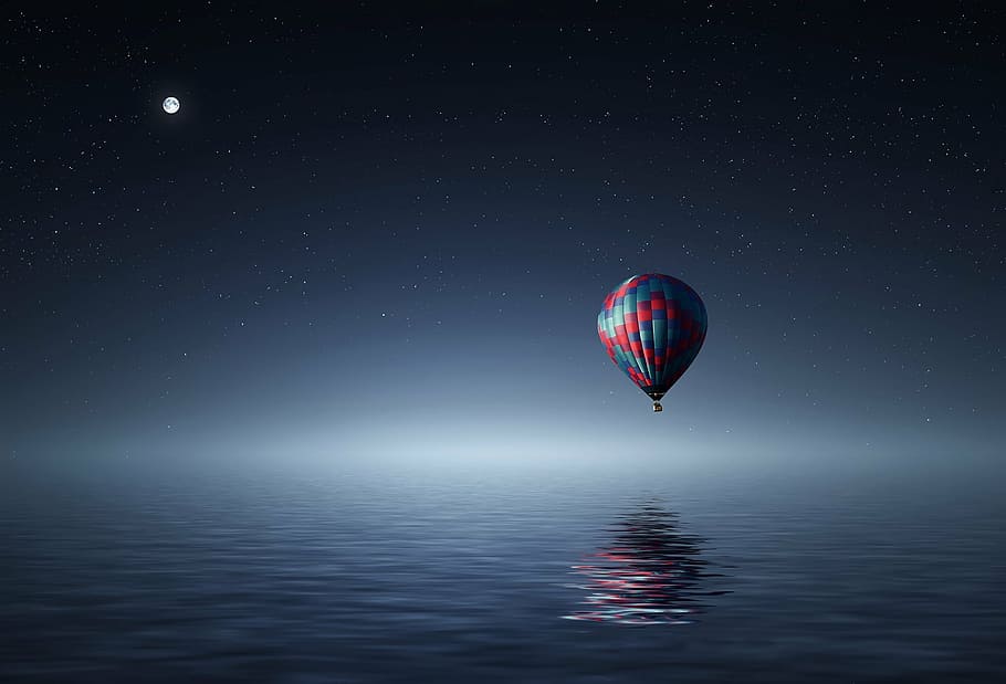 red, blue, hot, air balloon, body, water, night time, adventure, aerial, air