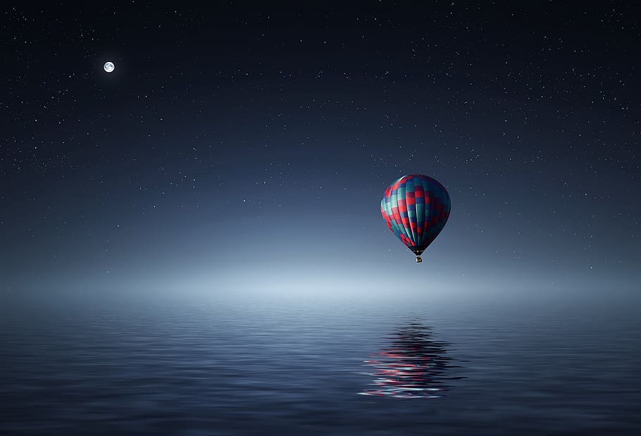hot air balloon, blue, sky, stars, moonlight, nature, sea, ocean, reflection, travel