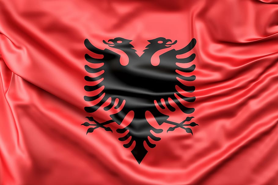 black, silhouette 2-, 2-headed, eagle logo, albania, flag, europe, red, silk, sign
