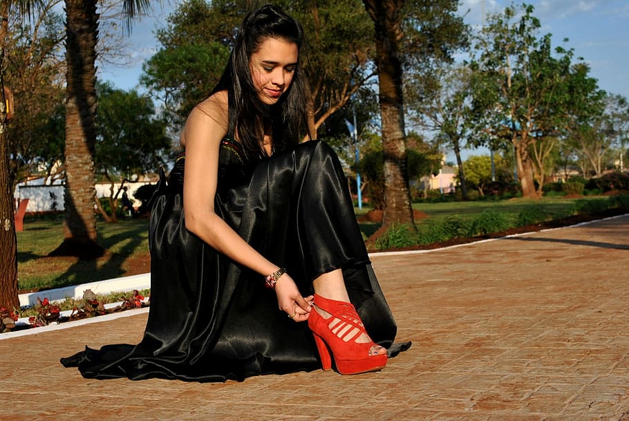 women, black, silk dress, women in black, black silk, dress, shoe, red shoe, black dress, footwear