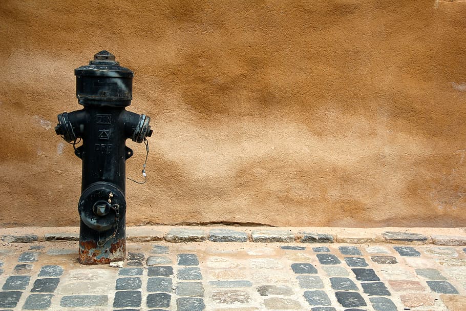 black, fire hydrant, brown, wall, hydrant, water, fire, metal, fire fighting water, water hydrant